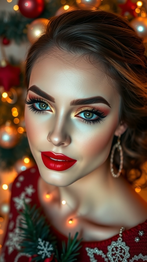 A glamorous Christmas makeup look with red lips and shimmering eyes, set against a festive background.
